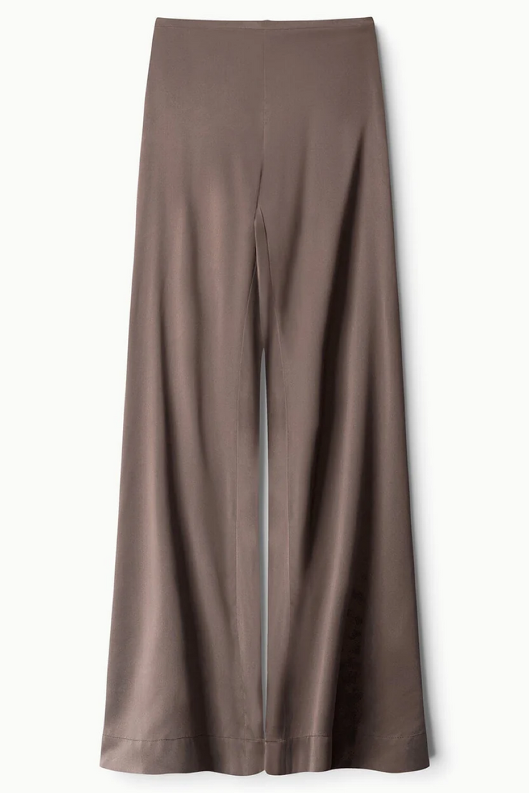 Silk truffle colored wide-leg pants on a white background