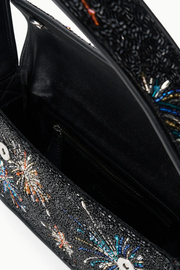 Black clutch bag with colorful bead embellishments on a white background