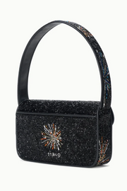 Black glitter handbag with decorative handle and embellishments on a white background