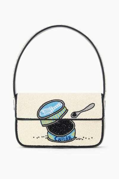 Handbag with a design of a jar and spoon on a white background
