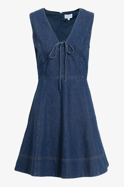 Blue denim dress on a white background