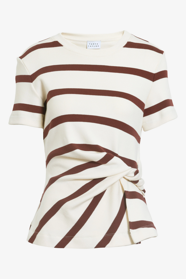 Striped top with a knot detail on a white background