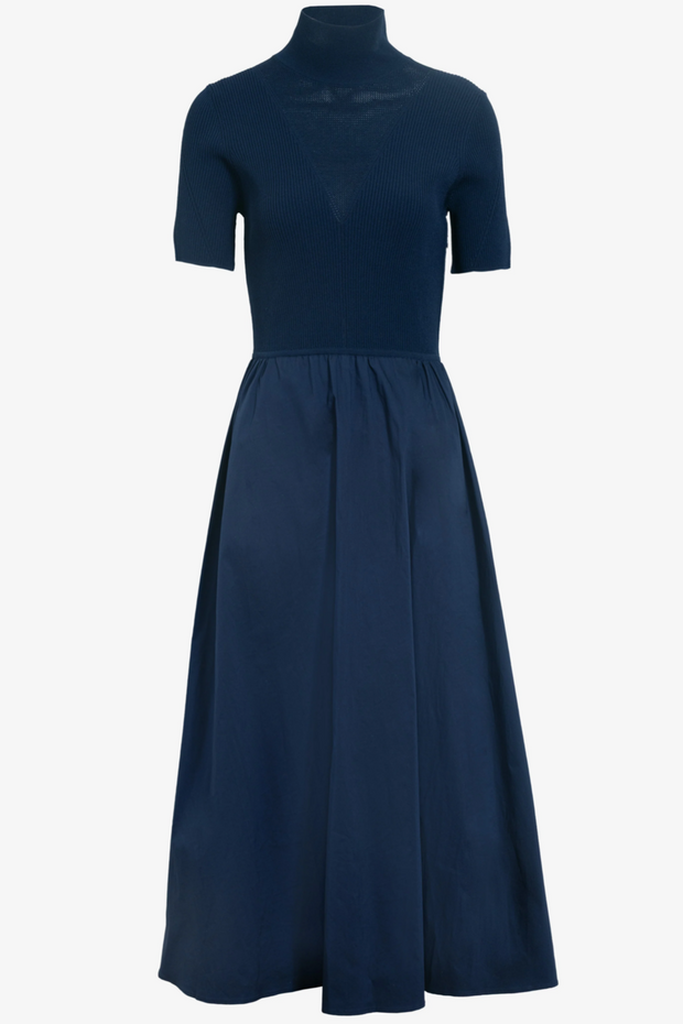Navy blue dress with a high neckline on a white background