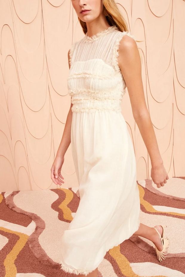 Image of model wearing Ulla Johnson Aberdeen dress in alabaster