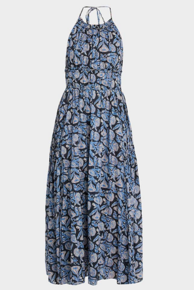 blue multicolored midi halter neck dress 