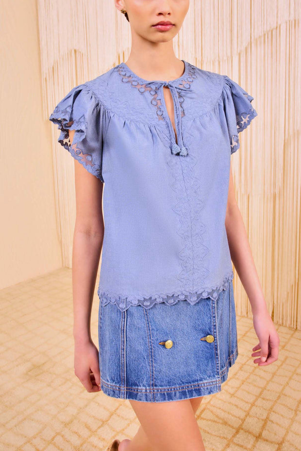 Image of model wearing the Ulla johnson Effie Flutter Sleeve Top front view