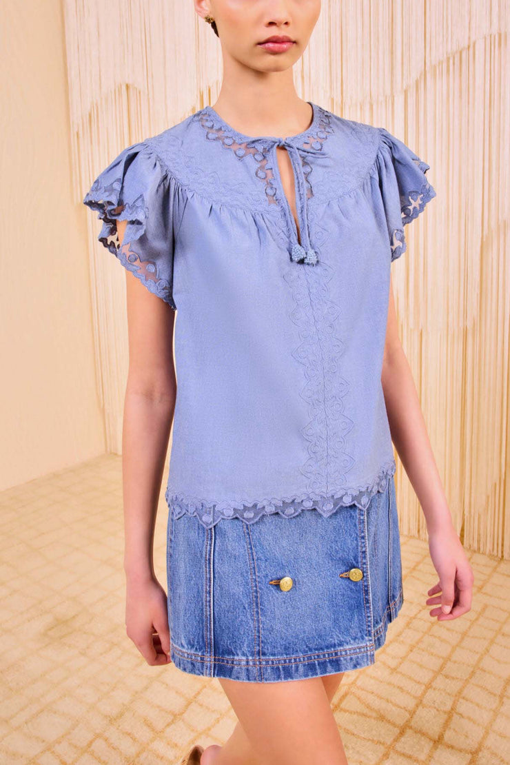 Image of model wearing the Ulla johnson Effie Flutter Sleeve Top front view