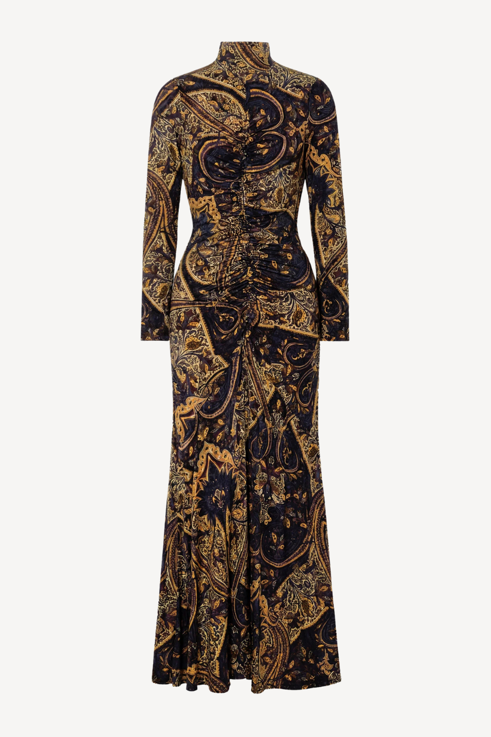 A long-sleeved high-neck maxi dress with a fitted waist and flared skirt, featuring an intricate gold and brown paisley pattern on a black base, shown against a light gray background.
