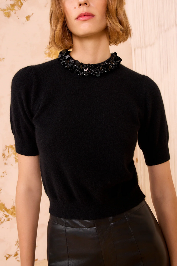 Liv Embroidered Cashmere Short Sleeve Knit