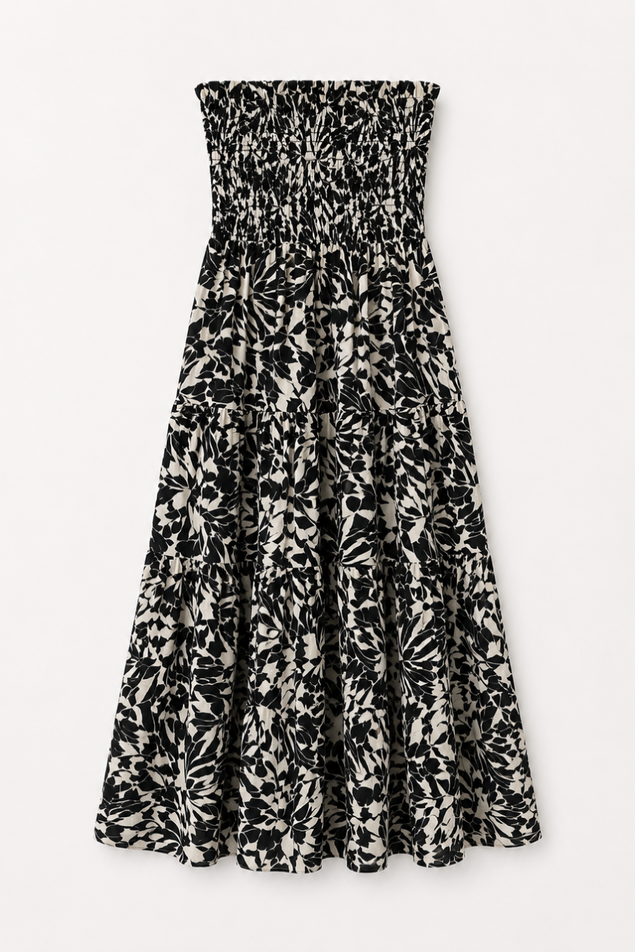 Floral strapless dress on a white background
