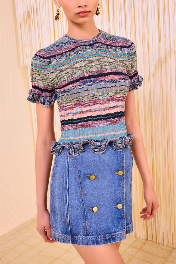 Image of model wearing the Ulla Johnson Miya Short Sleeve Knit Top front view 