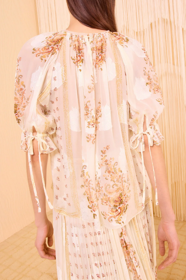 Woman wearing a beige floral embroidered top with sheer sleeves against a beige background