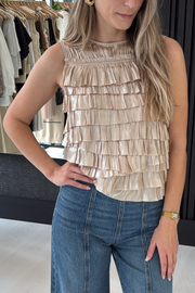 Image of model wearing Ulla Johnson Quinn layered top in opal