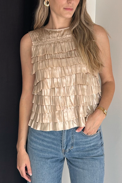 Image of model wearing Ulla Johnson Quinn layered top in opal