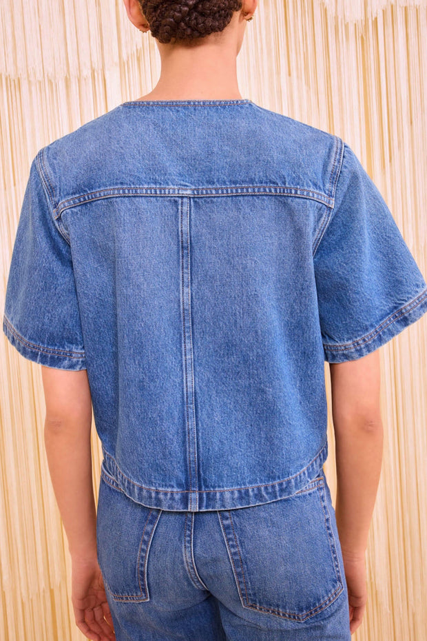 Image of model wearing the Ulla Johnson Serge Short Sleeve Jacket back view
