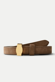 Bark suede belt with a gold buckle on a white background