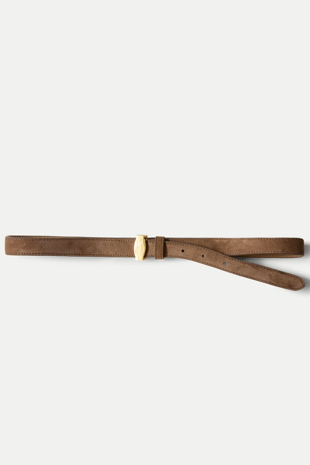 Bark suede belt with a gold buckle on a white background