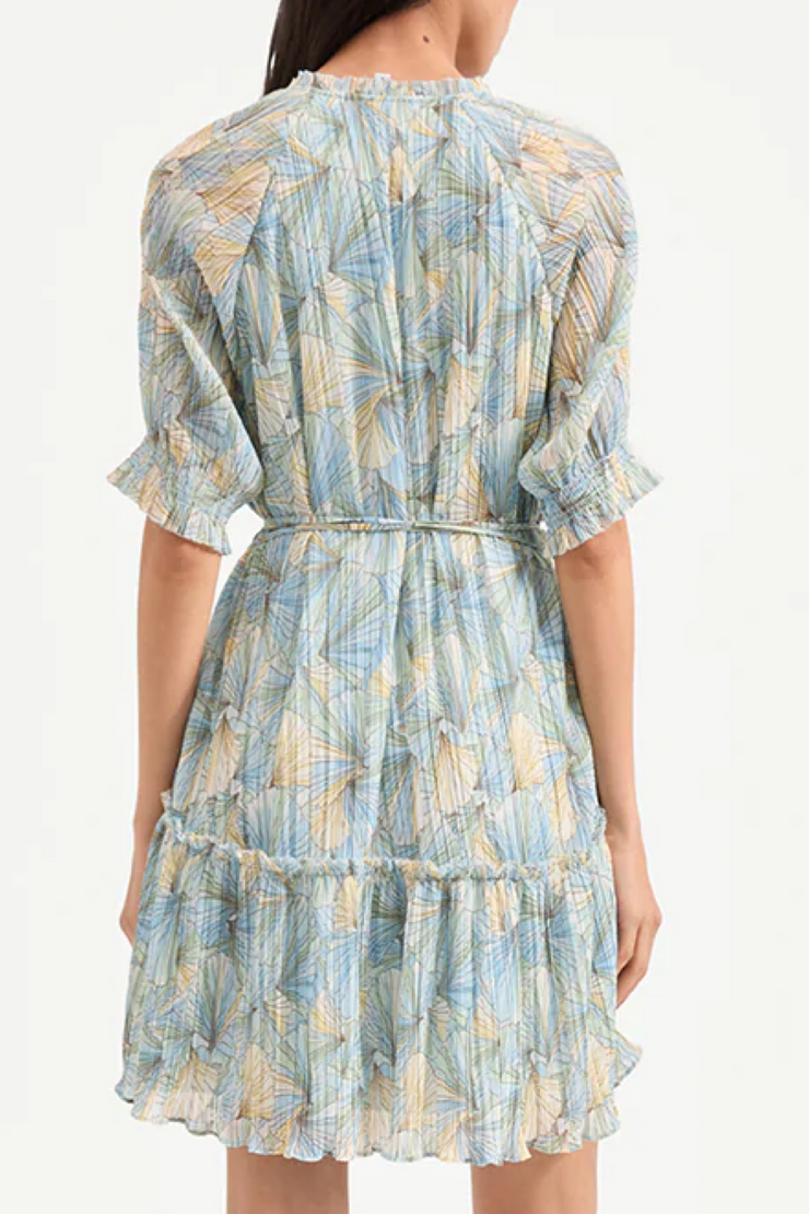 Woman wearing a patterned dress with ruffled sleeves on a white background