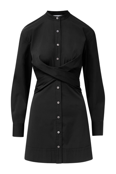 Black dress with button details on a white background