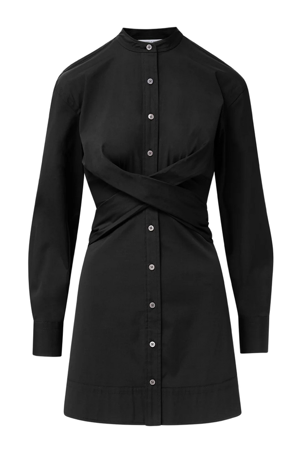 Black dress with button details on a white background