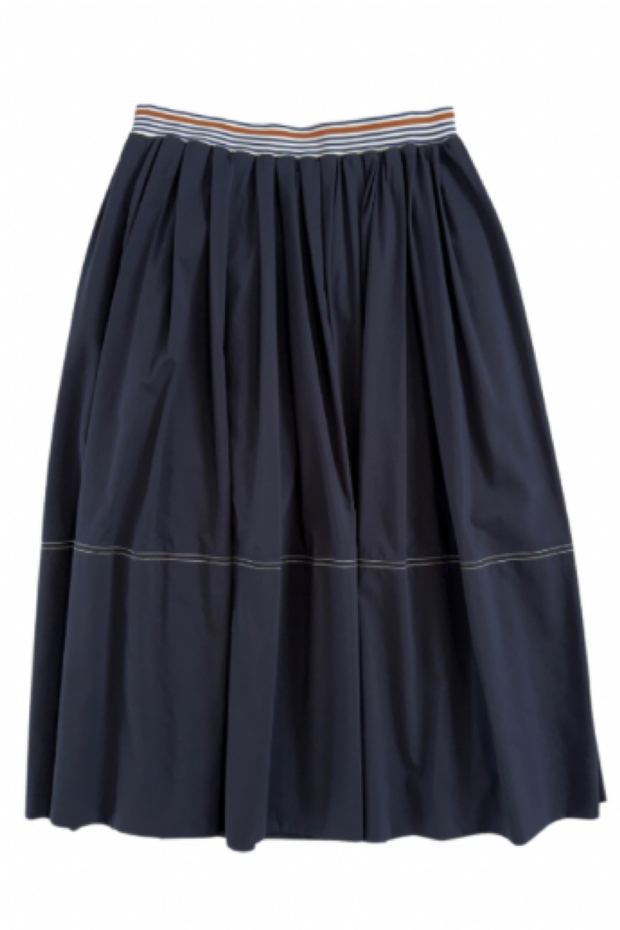 Navy blue skirt with a striped waistband on a white background