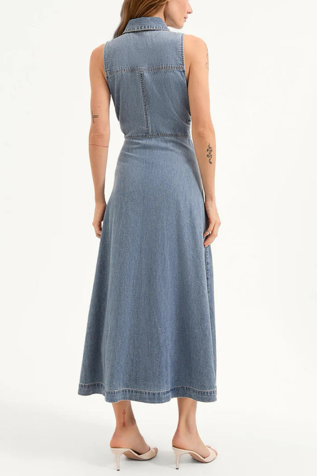 Image of model wearing the Veronica Beard Fuller Midi Dress back view