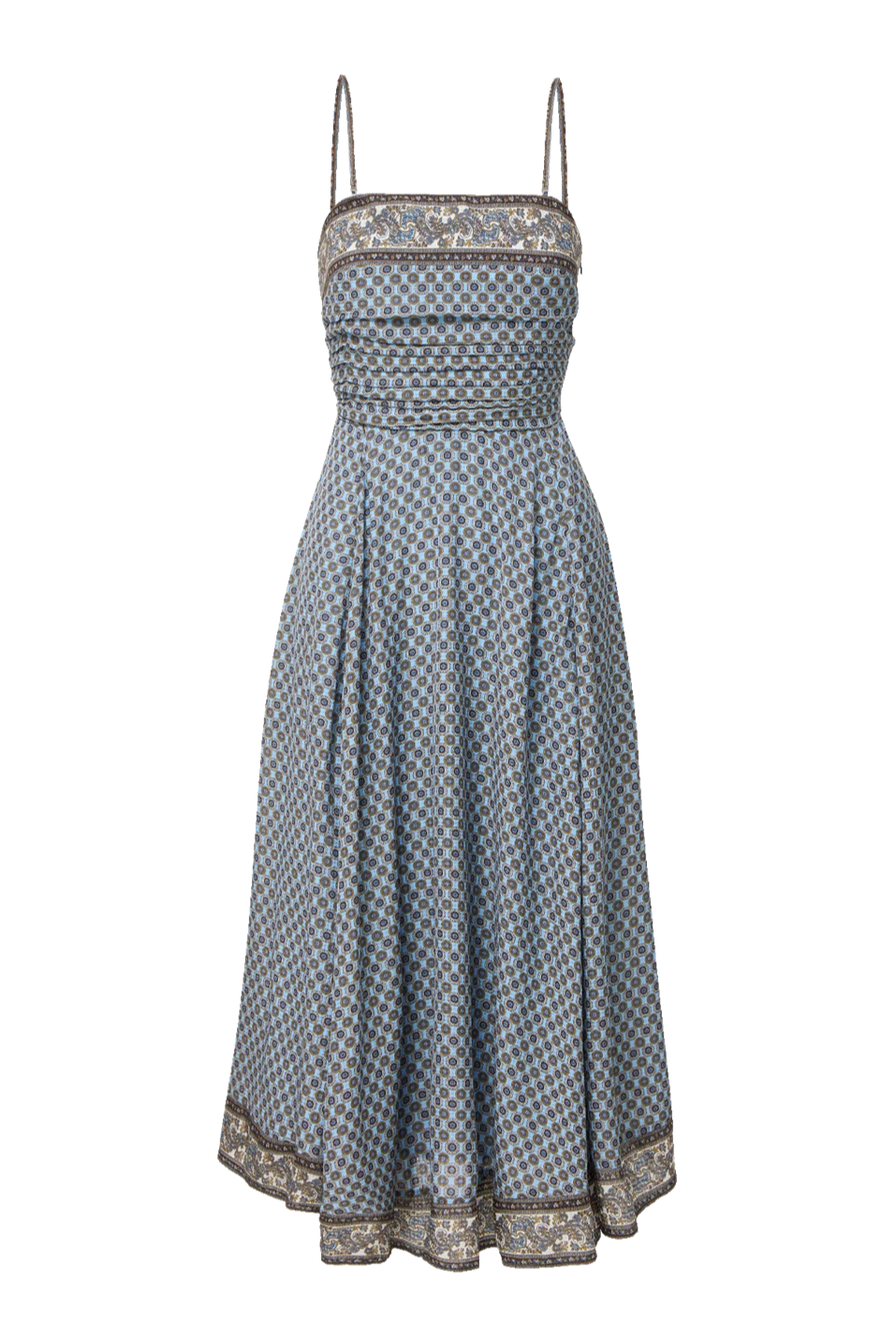 a line midi blue dress with patterns 