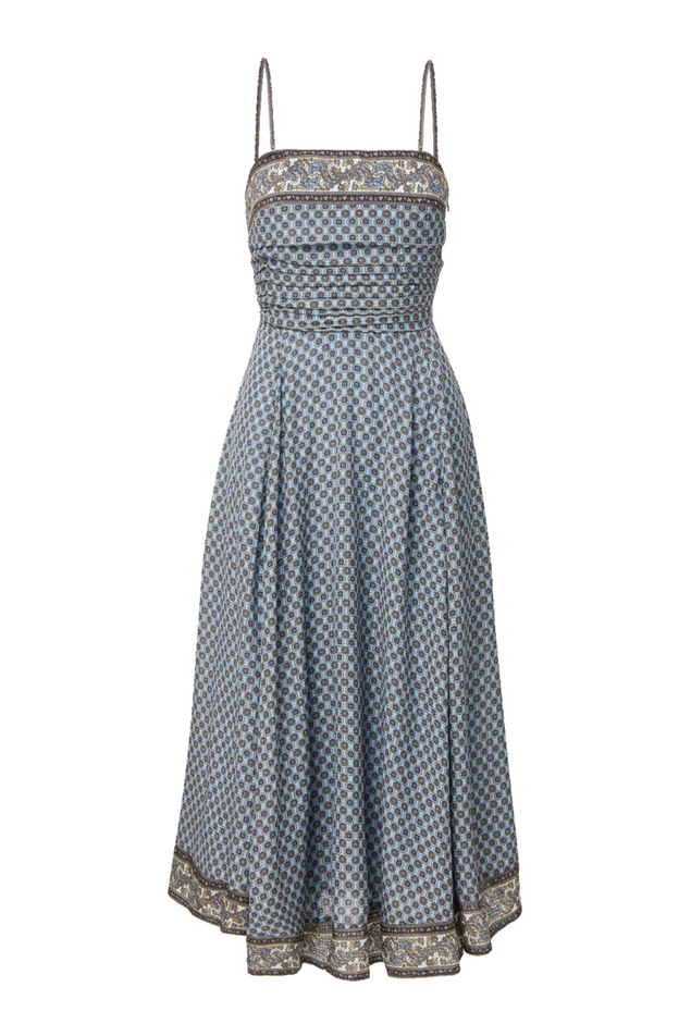 a line midi blue dress with patterns 