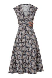 Floral patterned dress with a belt on a white background