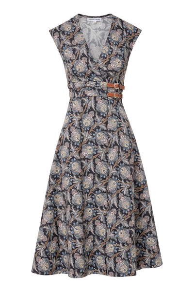 Floral patterned dress with a belt on a white background