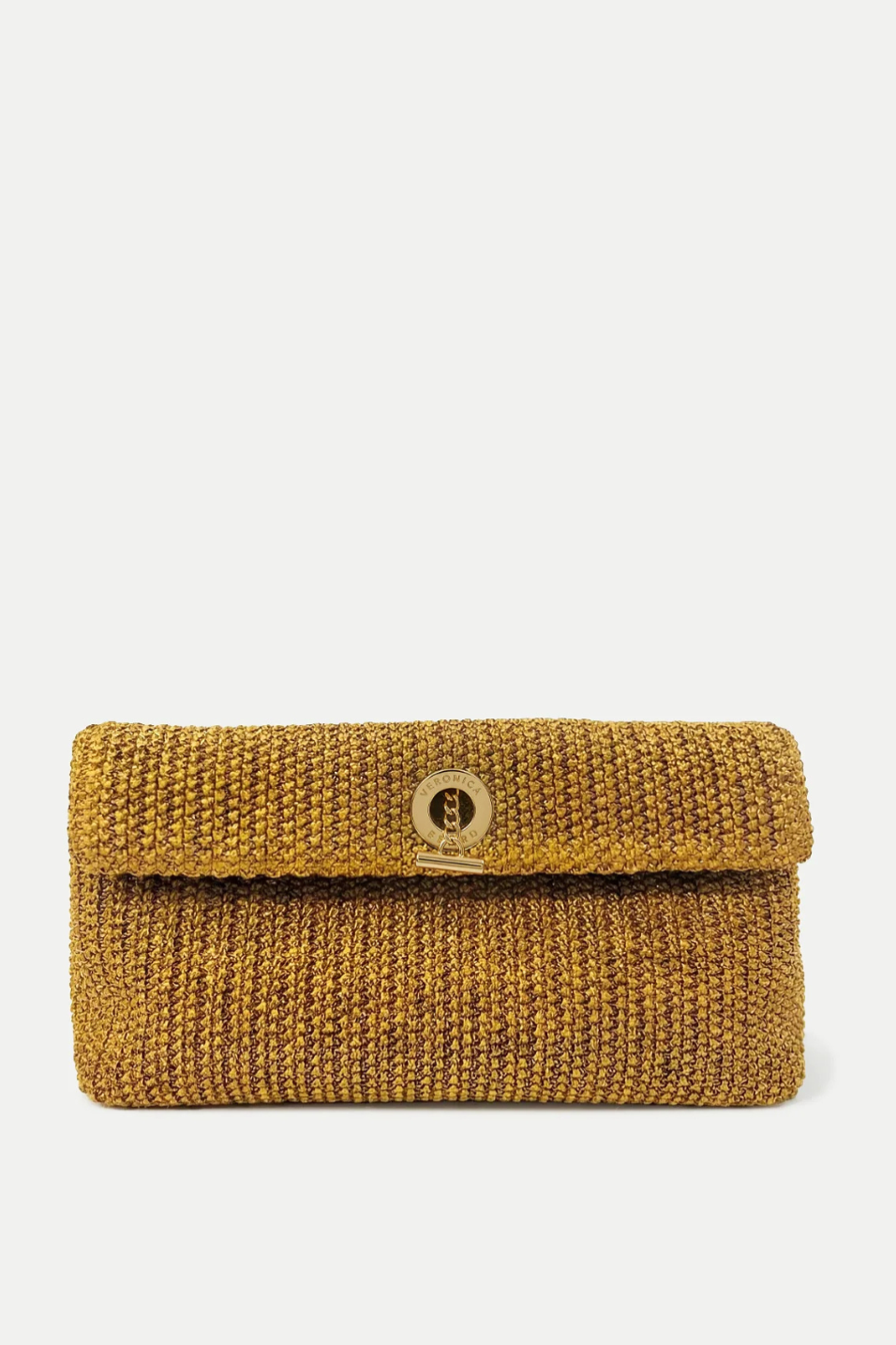 Gold Italian raffia clutch bag with toggle hardware on a white background
