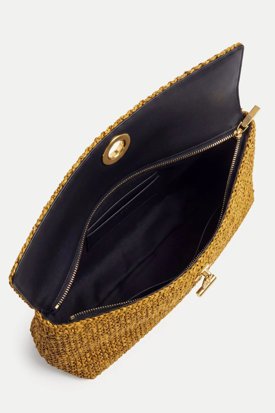 Open gold clutch bag with black interior on a white background