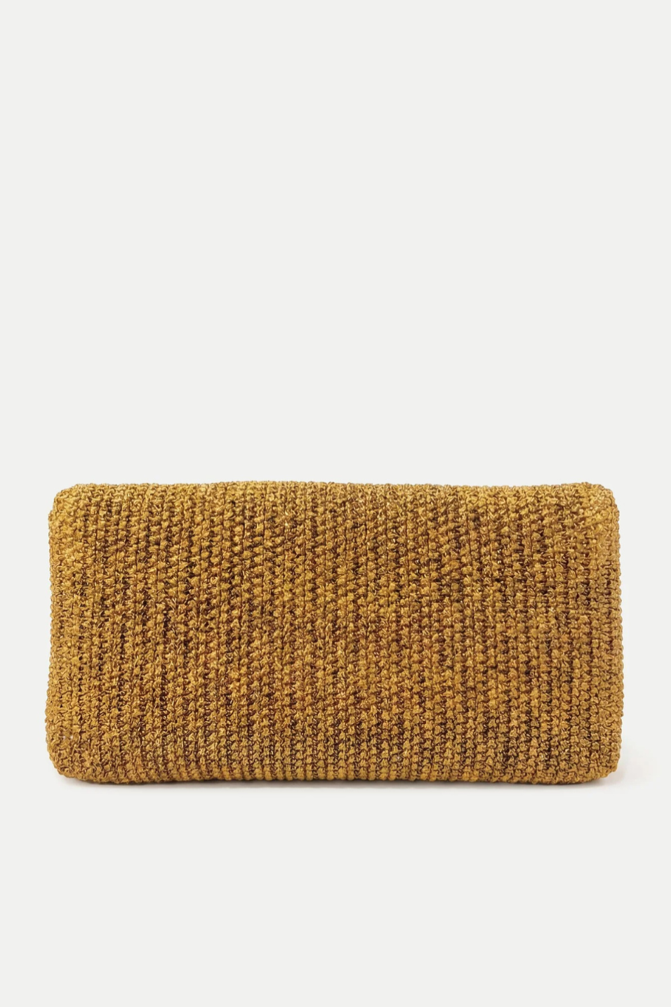 Woven gold clutch bag on a light beige background