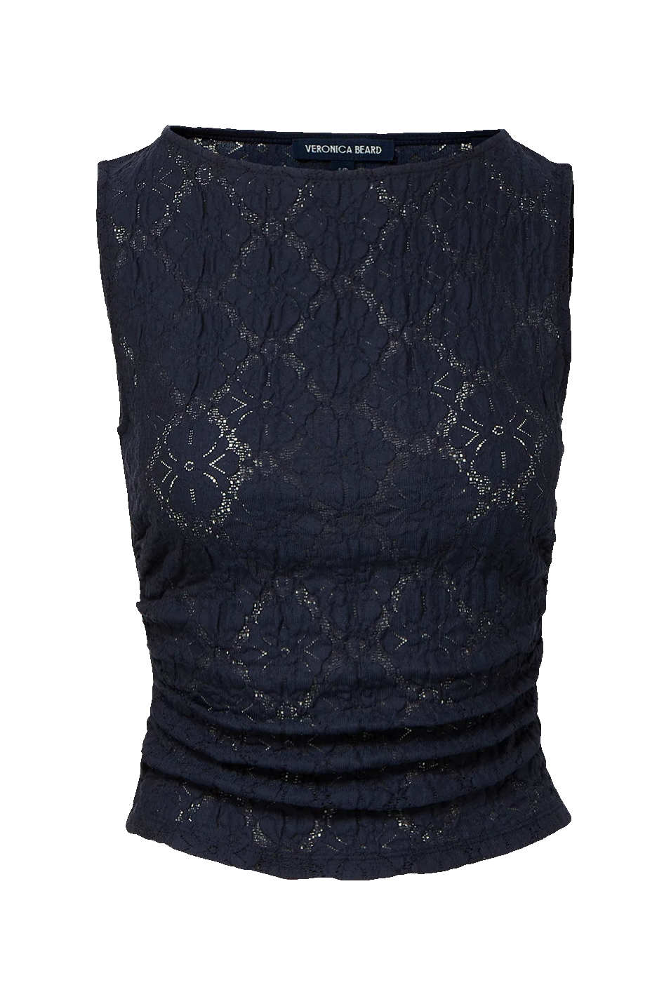 Navy blue sleeveless top with lace detailing on a white background