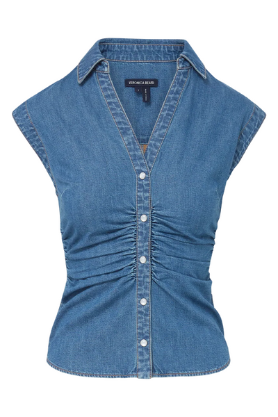 Blue denim sleeveless shirt on a white background