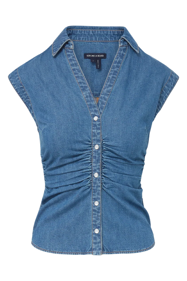 Blue denim sleeveless shirt on a white background