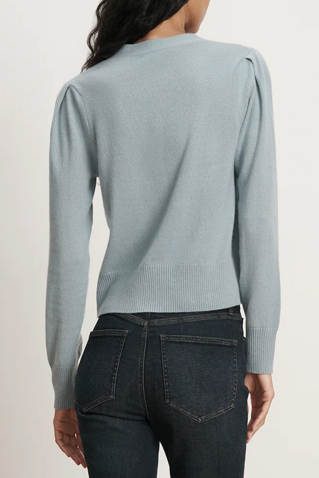 Light blue sweater worn by a person on a plain background
