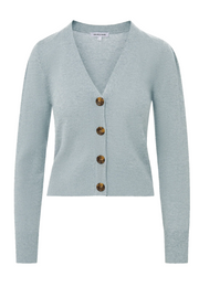 Light blue cardigan with brown buttons on a white background
