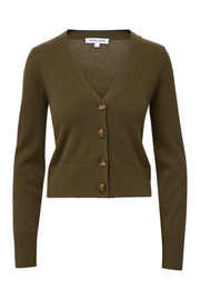 Green cardigan with buttons on a white background