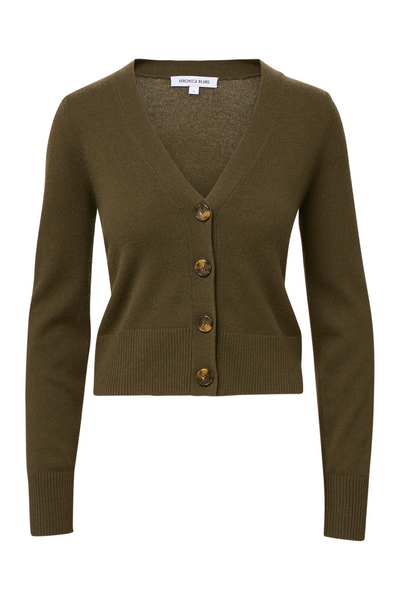 Green cardigan with buttons on a white background