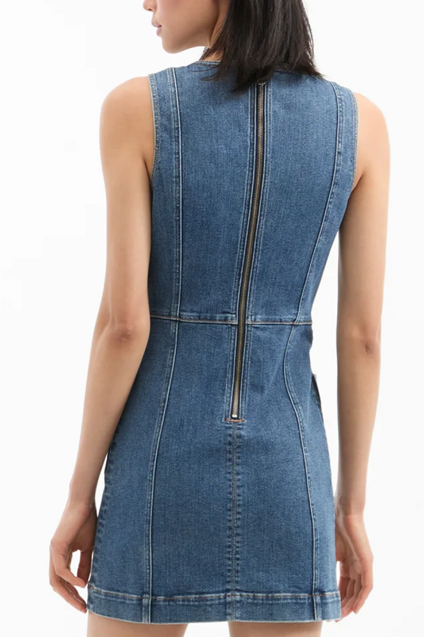 Blue denim dress with a zipper on a white background