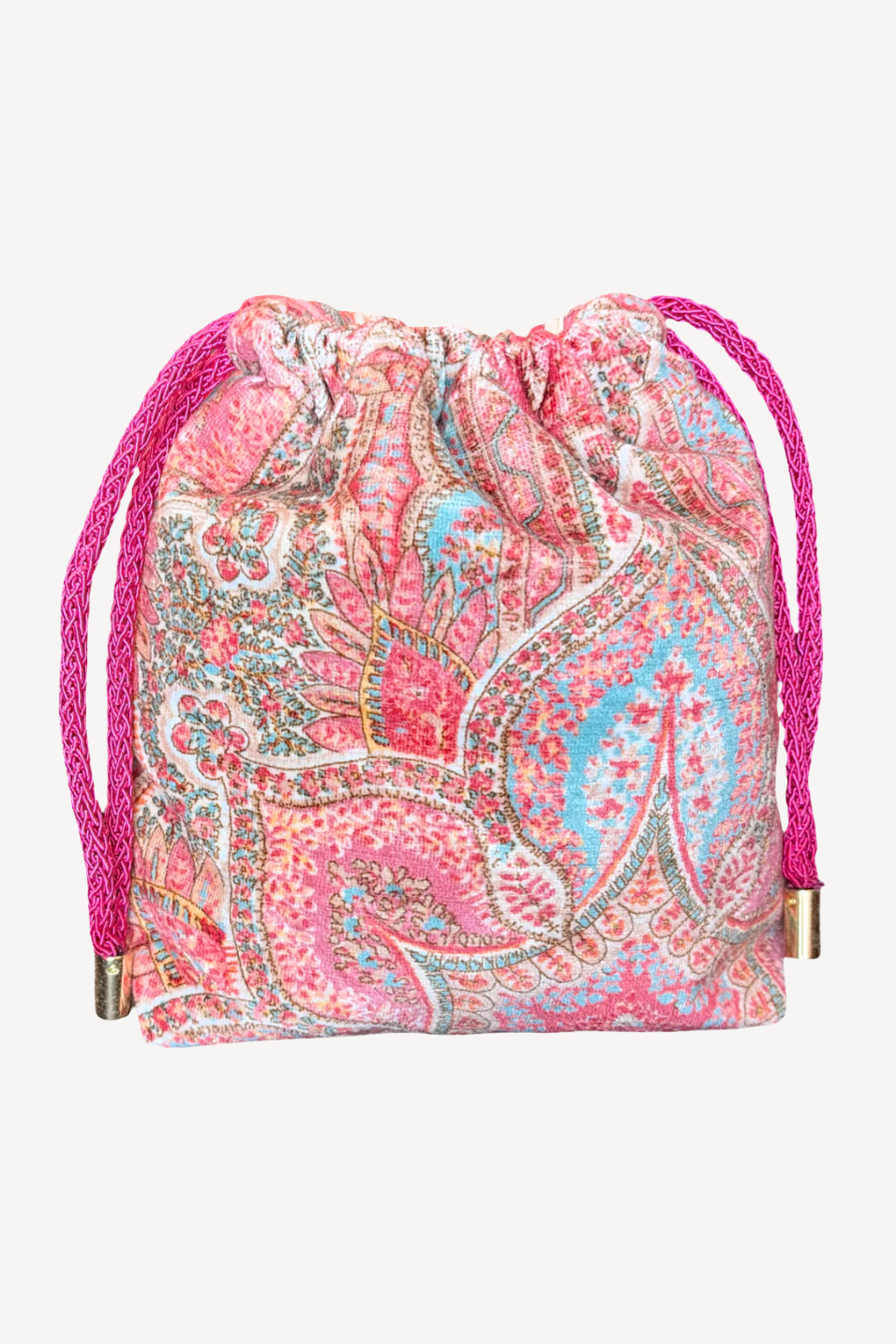 Drawstring bag with pink paisley pattern on a white background