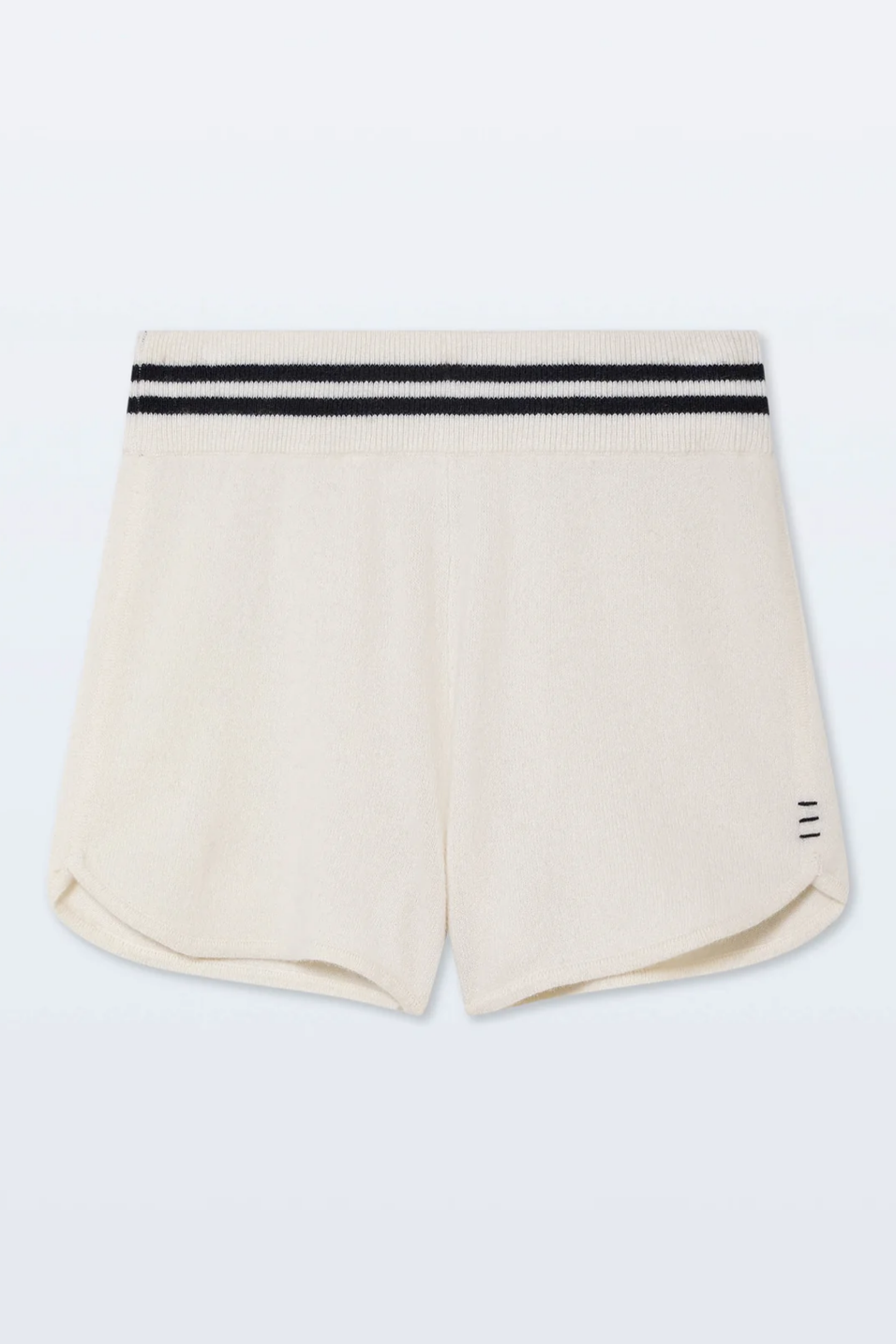 Beige shorts with a navy waistband on a white background