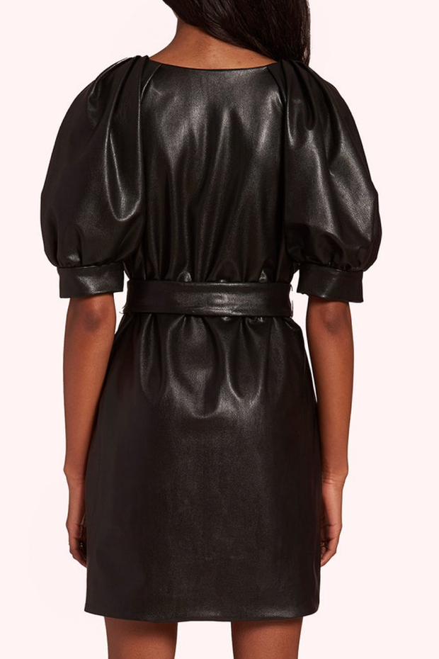 Image of model wearing Amanda Uprichard dress in black faux leather