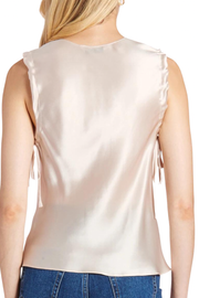 Image of model wearing Amanda Uprichard top in moonbeam