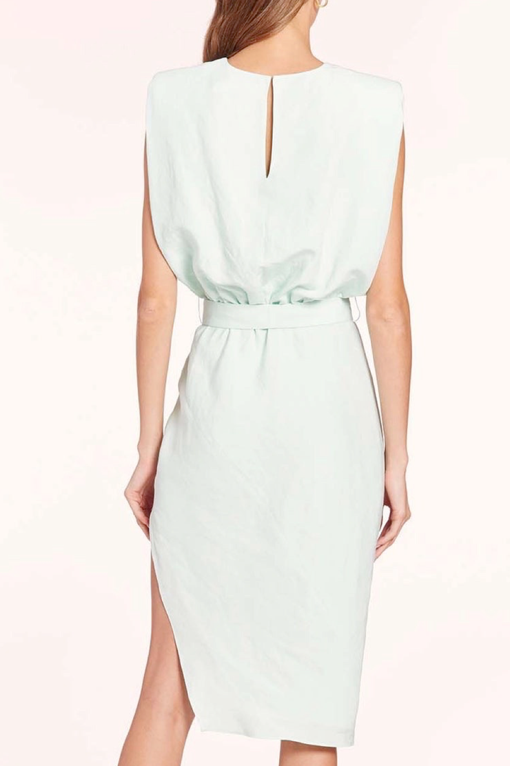 Image of model wearing Amanda Uprichard Isaiah dress in celadon