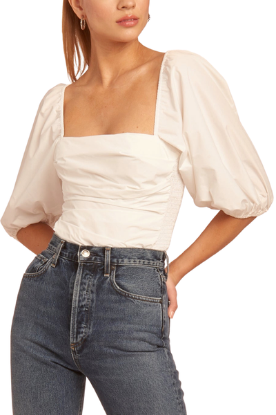 Image of model wearing Amanda Uprichard  Lucrezia bodysuit in white 