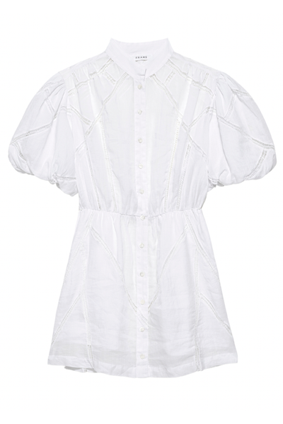 Image of frame inset lace puff sleeve dress in blanc
