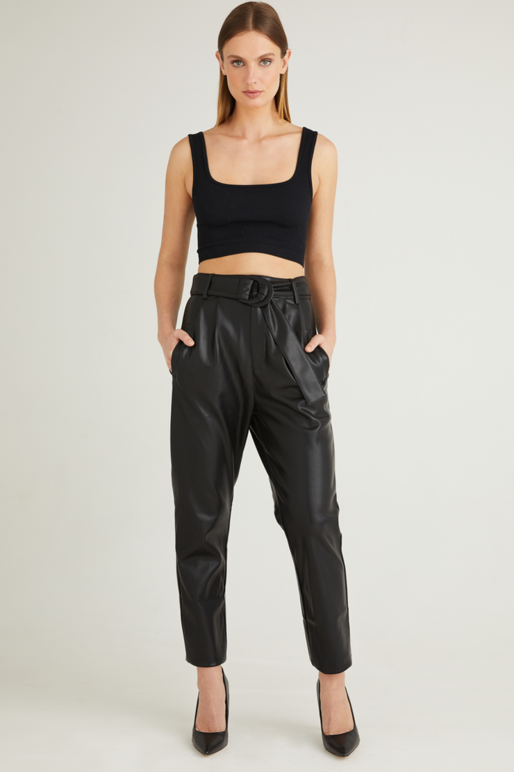 Image of model wearing JS71 Munich vegan leather pant in black