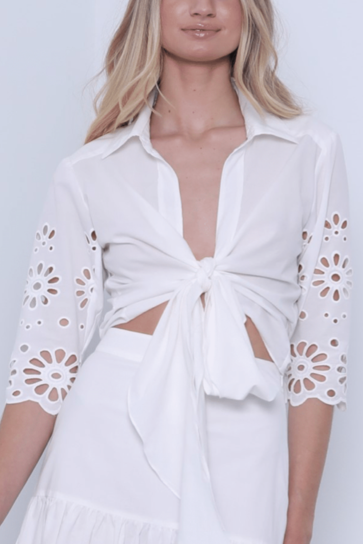 Image of model wearing Karina Grimaldi Diana embellished blouse  in white